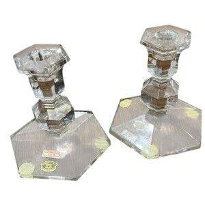 Pair of Val St Lambert Gardenia Crystal Candlesticks / Candle Holders